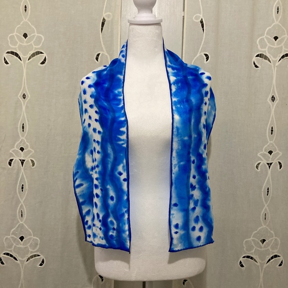 Hand Colored in California, 100% Silk Scarf, Vibrant Blues and White - Picture 8 of 9